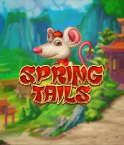 A charming illustration of a white rat dressed in traditional Chinese attire positioned in front of a vibrant mountain backdrop. The image is for the Spring Tails Slot by Betsoft, highlighted with prominent gold and red logo text.